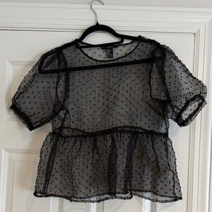 Forever 21 Black Sheer Polka Dot Blouse SZ S